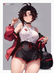 Rule 34 | 1girl, absurdres, ahoge, bag, black choker, black hair, black shorts, bluefield, blush, border, breasts, choker, closed mouth, commentary, cowboy shot, english commentary, grey background, grey eyes, highres, jacket, large breasts, light smile, long sleeves, looking at viewer, multicolored hair, off shoulder, open clothes, open jacket, outside border, patreon logo, patreon username, red hair, red jacket, ruby rose, rwby, shirt, shirt tucked in, short hair, shorts, sleeveless, sleeveless shirt, solo, streaked hair, twitter username, white border, white shirt