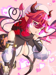 Rule 34 | 1girl, bandages, bare shoulders, blowing kiss, boots, breasts, cleavage, demon girl, guardian tales, heart, highres, horns, large breasts, looking at viewer, medium hair, mekasouru, one eye closed, open mouth, pink eyes, pointy ears, red eyes, red wings, simple background, solo, succubus adventurer yuze, tail, wings