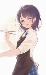 Rule 34 | 1girl, :d, apron, black apron, black hair, blue eyes, blue necktie, blue skirt, blush, chopsticks, collared shirt, copyright request, from side, highres, himaneko., holding, holding chopsticks, looking at viewer, looking to the side, necktie, open mouth, plaid, plaid necktie, plaid neckwear, plaid skirt, shirt, short sleeves, skirt, smile, solo, white shirt