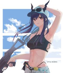 Rule 34 | 1girl, absurdres, arknights, arm up, armpits, artist name, bare arms, bare shoulders, baseball cap, bikini, black bikini, blue sky, breasts, ch&#039;en (arknights), ch'en (arknights), closed mouth, cowboy shot, day, female tourist c (arknights), gun, hand on headwear, hat, highres, holding, holding gun, holding weapon, lexielex, long hair, looking at viewer, medium breasts, navel, official alternate costume, open clothes, open fly, open shorts, outdoors, ponytail, purple hair, red eyes, shorts, sidelocks, sky, solo, stomach, swimsuit, trigger discipline, v-shaped eyebrows, weapon, white hat, white shorts