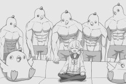 Rule 34 | 1girl, 5boys, absurdres, aimpoleume, blue archive, bow, closed eyes, couch, halo, hifumi (blue archive), highres, indian style, long hair, long sleeves, male underwear, meme, monochrome, multiple boys, muscular, muscular male, on couch, open mouth, peroro (blue archive), piper perri surrounded (meme), sailor collar, shirt bow, sitting, skirt, topless male, twintails, underwear, underwear only