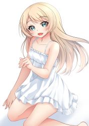 Rule 34 | 1girl, absurdres, alternate costume, blonde hair, blue eyes, collarbone, commentary request, dress, highres, jervis (kancolle), kantai collection, kneeling, looking at viewer, makura (y makura), simple background, smile, solo, sundress, white background, white dress
