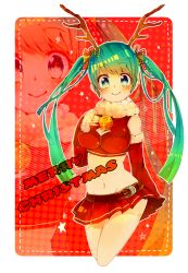 Rule 34 | 1girl, age (moco018), antlers, bad id, bad pixiv id, belt, blush, breasts, christmas, covered erect nipples, detached sleeves, green eyes, green hair, hatsune miku, horns, long hair, matching hair/eyes, medium breasts, midriff, navel, skirt, smile, solo, taisa 3d, twintails, vocaloid, zoom layer