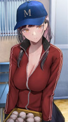 Rule 34 | 1girl, absurdres, baseball, baseball cap, basket, black hair, blue hat, blush, breasts, brown eyes, cleavage, closed mouth, collarbone, gentsuki, hat, highres, holding, holding basket, jacket, large breasts, long hair, long sleeves, looking at viewer, original, partially unzipped, red jacket, smile, solo