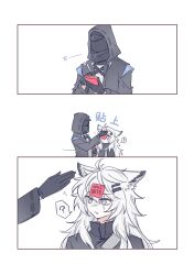 Rule 34 | !, 1girl, 3koma, ?, animal ears, arknights, black gloves, comic, covered face, doctor (arknights), english text, gloves, grey eyes, highres, hood, kaleka, lappland (arknights), long hair, scar, spoken exclamation mark, spoken question mark, sticky note, white hair, wolf ears, writing