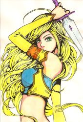 Rule 34 | 1990s (style), 1girl, blonde hair, breasts, celes chere, detached sleeves, female focus, final fantasy, final fantasy vi, gradient background, green eyes, long hair, marker (medium), midriff, painting (medium), retro artstyle, sayococco, solo, sword, traditional media, weapon
