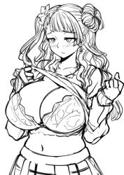 Rule 34 | 10s, 1girl, asymmetrical hair, blush, bra, breasts, cleavage, clothes lift, cowboy shot, earrings, galko, greyscale, hair bun, huge breasts, jewelry, lifting own clothes, long hair, monochrome, navel, one side up, oshiete! galko-chan, pas (paxiti), pleated skirt, school uniform, scrunchie, side bun, single side bun, sketch, skirt, solo, sweater, sweater lift, underwear