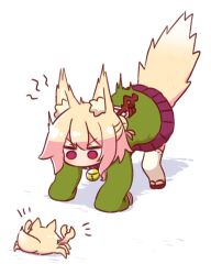 Rule 34 | 1girl, ^^^, all fours, animal collar, animal ear fluff, animal ears, animalization, bell, blonde hair, collar, commentary, crab, fox ears, fox girl, fox tail, full body, green shirt, highres, hissing, jitome, kemomimi-chan (naga u), long sleeves, looking at animal, miniskirt, naga u, neck bell, notice lines, original, pleated skirt, purple skirt, red collar, red eyes, red footwear, sandals, shirt, short hair, simple background, skirt, sleeves past fingers, sleeves past wrists, tail, thighhighs, v-shaped eyebrows, white background, white thighhighs, zouri