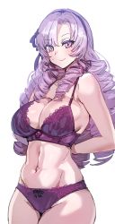 Rule 34 | 1girl, arms behind back, bare shoulders, blush, bow (bhp), bra, breasts, cleavage, collarbone, drill hair, female focus, hyakumantenbara salome, large breasts, light purple hair, lingerie, long hair, looking at viewer, midriff, navel, nijisanji, panties, parted bangs, purple bra, purple eyes, purple panties, simple background, smile, solo, thighs, underwear, underwear only, virtual youtuber, white background