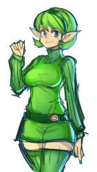 Rule 34 | 1girl, aged up, belt, belted, belted dress, blouse, blue eyes, breasts, clasped dress, dress, green dress, green hair, green shirt, green skirt, green thighhighs, hairband, half-closed eyes, maniacpaint, nintendo, pointy ears, ribbed sweater, saria (zelda), shirt, short dress, short hair, simple background, skirt, smile, solo, sweater, the legend of zelda, the legend of zelda: ocarina of time, thighhighs, thighs, tight clothes, tight dress, white background, wide hips, zettai ryouiki