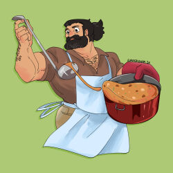 Rule 34 | 1boy, alternate costume, alternate hairstyle, apron, bara, beard, chest hair peek, cooking, cropped legs, dark-skinned male, dark skin, dungeon meshi, dwarf, facial hair, full beard, guavajagular, hairy, highres, long beard, looking to the side, male focus, mature male, muscular, muscular male, pants, pectoral cleavage, pectorals, polo shirt, senshi (dungeon meshi), smile, solo, stew, tareme, thick arm hair, thick beard, thick eyebrows, thick mustache, very long beard