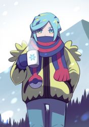 Rule 34 | 1boy, aqua eyes, aqua hair, commentary request, creatures (company), cup, game freak, grusha (pokemon), hand in pocket, highres, holding, holding cup, jacket, long hair, long sleeves, looking at viewer, male focus, mittens, mug, nintendo, pants, pokemon, pokemon sv, scarf, snowing, solo, steam, yellow jacket, yottur