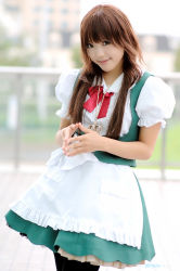Rule 34 | 1girl, apron, asian, black pantyhose, blurry, bow, brown eyes, brown hair, copyright request, cosplay, cosplay photo, depth of field, frills, kipi-san, long hair, looking at viewer, maid, maid apron, outdoors, pantyhose, photo (medium), real life, solo, standing, waist apron, waitress