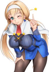Rule 34 | 1girl, black legwear, blonde hair, blue dress, breasts, dress, earrings, green eyes, hairband, hand on own knee, highres, jewelry, large breasts, leaning forward, long hair, looking at viewer, low twintails, military, military uniform, mitsuba greyvalley, orizen, smile, solo, star (symbol), super robot wars, super robot wars 30, triangle earrings, twintails, uniform, white hairband