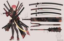 Rule 34 | 1girl, aasura, ainu clothes, aquaplus, arm up, boots, concept art, from behind, greatsword, heels, katana, long sleeves, mitsumi misato, monkey tail, multiple weapons, official art, pantyhose, red hair, sandals, sheath, sheathed, solo, standing, sword, tail, utawarerumono, utawarerumono: lost flag, weapon, wide sleeves