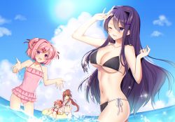 Rule 34 | 4girls, :d, ;d, = =, bare arms, bare shoulders, bikini, black bikini, blue sky, bow, breasts, brown hair, cloud, collarbone, commentary, day, doki doki literature club, fang, flat chest, food, frilled swimsuit, frills, green eyes, hair between eyes, hair bow, hair ornament, hair ribbon, hairclip, highres, innertube, large breasts, long hair, monika (doki doki literature club), multiple girls, natsuki (doki doki literature club), navel, one-piece swimsuit, one eye closed, open mouth, outdoors, pink hair, pink one-piece swimsuit, ponytail, popsicle, purple eyes, purple hair, red bow, red ribbon, ribbon, s h riek, sayori (doki doki literature club), short hair, side-tie bikini bottom, sky, smile, splashing, swept bangs, swim ring, swimsuit, two side up, very long hair, wading, water, white bikini, yuri (doki doki literature club)