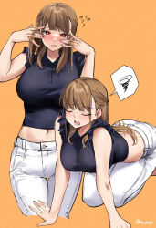 Rule 34 | 1girl, all fours, bare arms, bare shoulders, blue shirt, breasts, brown hair, closed eyes, commentary, crop top, cropped legs, elina (pinepin), hands up, highres, large breasts, long hair, looking at viewer, midriff, multiple views, navel, orange background, original, pants, pinepin, red eyes, shirt, simple background, sleeveless, sleeveless shirt, spoken squiggle, squiggle, thighs, white pants