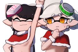 Rule 34 | + +, 2girls, arm up, armpits, black hair, blush, breasts, callie (splatoon), capelet, christmas, closed mouth, commentary request, cousins, earrings, food, food on head, frown, fur-trimmed capelet, fur trim, grey hair, hand on own chest, inkling, jewelry, long hair, looking at another, marie (splatoon), mole, mole under eye, multiple girls, naked capelet, nintendo, object on head, open mouth, orange eyes, pointy ears, red capelet, santa costume, short hair, side-by-side, simple background, small breasts, smile, splatoon (series), sushi, sweatdrop, swept bangs, tentacle hair, underboob, white background, wuju (1198979953)