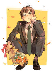 Rule 34 | 1boy, blush, border, bouquet, brown eyes, brown hair, chilchuck tims, closed mouth, collared shirt, commentary, contemporary, dungeon meshi, english commentary, flower, grey jacket, grey necktie, grey pants, head on hand, holding, holding bouquet, jacket, kadeart, loafers, male focus, necktie, outside border, pants, shirt, shoes, signature, solo, squatting, suit jacket, white border, white shirt, yellow background