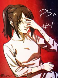 Rule 34 | 1girl, bandages, brown eyes, brown hair, copyright name, k utao, long hair, long sleeves, open mouth, persona, persona 5, ponytail, red background, solo, suzui shiho, sweater, tears, turtleneck, turtleneck sweater, twitter username, upper body, white sweater