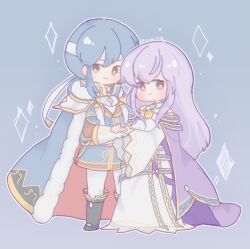 Rule 34 | 1boy, 1girl, blue cape, blue eyes, brother and sister, cape, chibi, dress, fire emblem, fire emblem: genealogy of the holy war, fur trim, headband, highres, holding hands, julia (crusader of light) (fire emblem), julia (fire emblem), long hair, nintendo, ponytail, purple cape, purple eyes, purple hair, seliph (fire emblem), seliph (scion of light) (fire emblem), sesese 3110, siblings, simple background, smile, white headband, wide sleeves