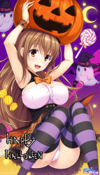 Rule 34 | 1girl, absurdres, ass, breasts, brown eyes, brown hair, candy, crescent moon, female focus, food, ghost, halloween, hat, highres, hozumi kaoru, jack-o&#039;-lantern, large breasts, lollipop, long hair, moon, original, panties, pantyshot, purple thighhighs, sitting, smile, solo, star (symbol), striped clothes, striped thighhighs, thighhighs, underwear, upskirt, witch hat, wrapped candy