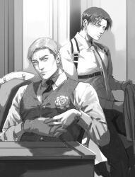 Rule 34 | 2boys, absurdres, chest belt, closed mouth, collared shirt, erwin smith, flower, greyscale, highres, holding, indoors, levi (shingeki no kyojin), looking at viewer, male focus, monochrome, multiple boys, necktie, pants, rose, shingeki no kyojin, shirt, short hair, sitting, thisuserisalive, vest