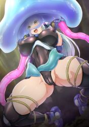 Rule 34 | 1girl, arm behind back, black leotard, black thighhighs, breasts, commentary request, covered erect nipples, covered eyes, covered navel, hasumi (mission mermaiden), highres, large breasts, leotard, long hair, mission mermaiden, nandz, open mouth, purple footwear, restrained, see-through, skin tight, slime (creature), solo, tentacles, thighhighs, white hair, yellow eyes