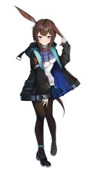 Rule 34 | 1girl, :q, amiya (arknights), animal ears, arknights, ascot, black footwear, black jacket, black pantyhose, blue ascot, blue eyes, blue skirt, brown hair, chinese commentary, commentary request, full body, hand on own ear, highres, jacket, long hair, long sleeves, looking at viewer, miniskirt, mz-mozi, open clothes, open jacket, pantyhose, pulling own ear, rabbit ears, shirt, shoes, simple background, skirt, smile, solo, standing, tongue, tongue out, white background, white shirt