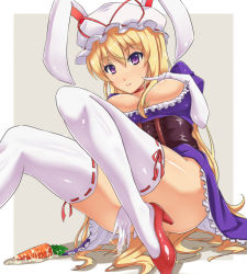 Rule 34 | 1girl, animal ears, ass, between thighs, bitaraga, blonde hair, blush, bow, breast suppress, breasts, carrot, choker, cleavage, clothes lift, corset, dildo, dress, dress lift, female focus, female masturbation, food, food insertion, frilled dress, frills, gloves, grey background, hat, hat bow, head tilt, high heels, hip focus, large breasts, legs, long hair, long legs, looking at viewer, masturbation, no nipples, nose blush, object insertion, parted lips, purple eyes, purple skirt, pussy juice, rabbit ears, seductive smile, sex toy, shiny skin, shoes, sitting, skirt, smile, solo, thighhighs, thighs, touhou, very long hair, white gloves, white thighhighs, yakumo yukari