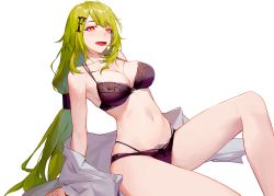 Rule 34 | 1girl, absurdres, alternate costume, arms behind back, bare shoulders, black bra, black panties, blush, bra, breasts, cleavage, clothes pull, collarbone, commission, feet out of frame, girls&#039; frontline, green hair, hair ornament, hairclip, hands on floor, heart, heart-shaped pupils, highres, long hair, looking at viewer, medium breasts, mk48 (girls&#039; frontline), navel, open mouth, panties, pixiv commission, red eyes, ren huozhe, shirt, shirt pull, sitting, smile, solo, stomach, symbol-shaped pupils, thighs, underwear, white background, white shirt