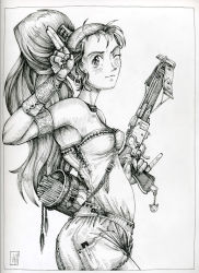 Rule 34 | 1990s (style), 1girl, armband, arrow (projectile), artist request, bare shoulders, between breasts, bow (weapon), bracelet, breasts, choker, chrono (series), chrono trigger, crossbow, earrings, gradient background, greyscale, jewelry, lineart, long hair, marle (chrono trigger), monochrome, one eye closed, pinky out, ponytail, retro artstyle, solo, weapon, wink