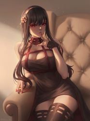 Rule 34 | 1girl, bare shoulders, black dress, black gloves, black hair, black thighhighs, breasts, cleavage, couch, dress, finger to mouth, fingerless gloves, flower, gloves, gold hairband, hair flower, hair ornament, hairband, hand up, highres, index finger raised, large breasts, leaning to the side, lips, long hair, looking at viewer, nail polish, parted lips, red eyes, red nails, rose, sitting, spikes, spy x family, stormstx, thighhighs, thighs, two-sided dress, two-sided fabric, wavy hair, yor briar, zettai ryouiki
