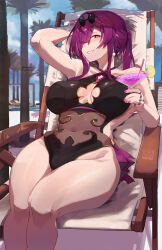 Rule 34 | 1girl, bare shoulders, beach chair, black one-piece swimsuit, blush, breasts, cleavage, cleavage cutout, clothing cutout, cocktail glass, collarbone, covered navel, cup, drinking glass, earrings, gold trim, grin, hair over one eye, highleg, highleg swimsuit, highres, honkai: star rail, honkai (series), jewelry, kafka (honkai: star rail), large breasts, long hair, looking at viewer, magister, one-piece swimsuit, ponytail, purple eyes, purple hair, ring, round eyewear, sitting, smile, solo, sunglasses, swimsuit, thighs