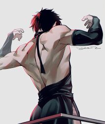 Rule 34 | 1boy, arms at sides, arms up, bare back, bare shoulders, black collar, black hair, collar, detached sleeves, from behind, highres, hizen tadahiro, japanese clothes, male focus, moge-hera, multicolored hair, musical touken ranbu, red hair, short hair, simple background, solo, touken ranbu, two-tone hair, upper body