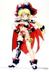 Rule 34 | 1990s (style), 1girl, armor, bikini, blonde hair, boots, braid, chip-chan kick!, copyright name, copyright notice, full body, gloves, hat, highres, long hair, milly marciano, official art, pauldrons, pirate hat, pointy ears, retro artstyle, shoulder armor, simple background, single braid, single thighhigh, smile, solo, standing, swimsuit, thighhighs, white background, yanagi hirohiko, yellow eyes