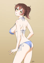 Rule 34 | 10s, 1girl, :o, artist name, ass, bikini, blush, body blush, brown background, brown hair, ether, kaga (kancolle), kantai collection, looking at viewer, looking back, open mouth, personification, shiny skin, short hair, side-tie bikini bottom, side ponytail, solo, strap gap, swimsuit, yellow eyes