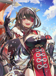 Rule 34 | 1girl, arm up, armpits, beidou (genshin impact), black footwear, black gloves, blue sky, blush, boots, breasts, brown hair, capelet, china dress, chinese clothes, cleavage, cleavage cutout, clothing cutout, cloud, colored eyepatch, day, dress, earrings, eyelashes, eyepatch, fingerless gloves, fur collar, genshin impact, gloves, hair ornament, hair over one eye, hairpin, half updo, hand on own hip, jewelry, large breasts, long hair, looking at viewer, one eye covered, open mouth, pelvic curtain, red dress, red eyes, ship, sidelocks, sky, solo, standing, syuri22, water drop, watercraft