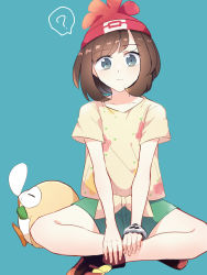 Rule 34 | 1girl, ?, bad id, bad twitter id, beanie, blush, bracelet, brown hair, bubble, closed mouth, collarbone, commentary request, creatures (company), eyelashes, game freak, gen 7 pokemon, green shorts, grey eyes, hat, highres, jewelry, looking at viewer, medium hair, nintendo, pokemon, pokemon (creature), pokemon sm, red headwear, rowlet, selene (pokemon), shirt, shoes, short shorts, short sleeves, shorts, sitting, spoken question mark, tere asahi, tied shirt, yellow shirt, z-ring