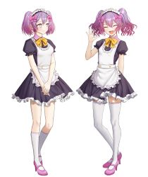 Rule 34 | absurdres, apron, arm behind back, closed eyes, commentary request, danganronpa another, full body, hair between eyes, high heels, highres, kneehighs, maid headdress, mary janes, open mouth, own hands together, pink footwear, ppakunak, purple hair, shoes, short sleeves, siblings, simple background, sisters, smile, socks, super danganronpa another 2, thighhighs, twintails, white legwear