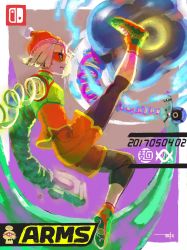 Rule 34 | 1girl, absurdres, arms (game), blonde hair, chinese clothes, dna man (arms), fighting, glass, goggles, green eyes, hat, highres, ini (ini tw), jar, kicking, leggings, min min (arms), monster boy, short hair, shorts, slime boy