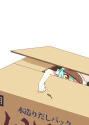 Rule 34 | 1girl, box, cacao (nekopara), cardboard box, commentary request, dried fish, gobanme no mayoi neko, green hair, hair between eyes, hat, highres, in box, in container, nekopara, outstretched arm, paw pose, peaked cap, simple background, solo, white background, yellow eyes