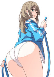 Rule 34 | 1girl, amamiya natsumi, ass, back, bare shoulders, blue jacket, blush, breasts, competition swimsuit, green eyes, highleg, highleg swimsuit, highres, hose, jacket, kekemotsu, large breasts, light brown hair, long hair, long sleeves, looking back, off shoulder, one-piece swimsuit, open clothes, open jacket, open mouth, original, smile, solo, swimsuit, thighs, white one-piece swimsuit