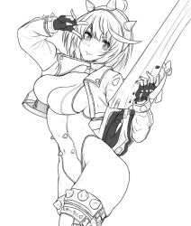 Rule 34 | 1girl, adapted costume, ahoge, black gloves, boots, bracelet, breasts, clover, collar, cowboy shot, elphelt valentine, fingerless gloves, four-leaf clover, gloves, greyscale, guilty gear, guilty gear strive, hairband, highres, huge ahoge, jewelry, large breasts, leotard, long sleeves, looking at viewer, monochrome, natuelchido, short hair, sideboob, smile, spiked bracelet, spiked collar, spiked hairband, spiked jacket, spikes, thigh boots, v, white leotard