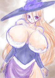 Rule 34 | 1girl, areola slip, bare shoulders, breasts, brown eyes, cleavage, curvy, detached sleeves, dragon&#039;s crown, dress, female focus, female pubic hair, gradient background, groin, hat, hip focus, huge breasts, koshigaya tatsumi, long hair, no bra, no panties, orange hair, pubic hair, pubic hair peek, sketch, small nipples, solo, sorceress (dragon&#039;s crown), staff, standing, strapless, strapless dress, vanillaware, white background, wide hips, witch, witch hat