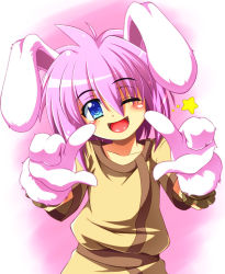Rule 34 | 1girl, ;d, animal ears, blue eyes, blush, rabbit ears, charat sieles, eternal melody, gloves, looking at viewer, one eye closed, open mouth, pink hair, short hair, smile, solo, star (symbol), tsuna (al dente), wink