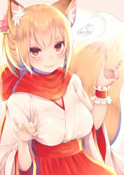Rule 34 | 1girl, :3, \m/, animal ear fluff, animal ears, artist name, blonde hair, blush, breasts, chita (ketchup), cleavage, closed mouth, double \m/, fox ears, fox girl, fox shadow puppet, fox tail, hakama, hakama skirt, hand gesture, highres, japanese clothes, kimono, long sleeves, looking at viewer, medium breasts, miko, original, pink lips, red eyes, red hakama, red scarf, scarf, short hair, simple background, skirt, smile, solo, tail, tareme, thick eyebrows, twitter username, underbust, upper body, white background, white kimono, wide sleeves, wrist cuffs