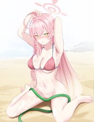 Rule 34 | 1girl, absurdres, ahoge, beach, bikini, bikini under clothes, blue archive, halo, hanako (blue archive), hanako (swimsuit) (blue archive), highres, hose, lemonztea, no panties, official alternate costume, oversized clothes, oversized shirt, partially unbuttoned, pink bikini, pink hair, pink halo, see-through, see-through shirt, shirt, simple background, solo, swimsuit, wet, wet clothes, wet shirt
