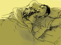 Rule 34 | 2boys, aikawa (dorohedoro), artist request, colored tips, couple, cuddling, dorohedoro, drooling, facial mark, lying, male focus, medium sideburns, mouth drool, multicolored hair, multiple boys, no eyebrows, on back, on bed, open mouth, risu (dorohedoro), shirt, t-shirt, thick eyebrows, unfinished, upper body, yaoi, yellow theme