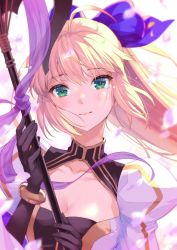 Rule 34 | 1girl, ahoge, artoria caster (fate), artoria caster (third ascension) (fate), artoria pendragon (fate), black dress, black gloves, blonde hair, blue bow, blush, bow, breasts, cleavage, closed mouth, collarbone, commentary request, crying, crying with eyes open, dress, fate/grand order, fate (series), floating hair, gloves, green eyes, hair between eyes, hair bow, highres, holding, holding staff, long hair, looking at viewer, medium breasts, nishimura eri, petals, ponytail, solo, staff, tearing up, tears, two-tone dress, upper body, very long hair, white dress